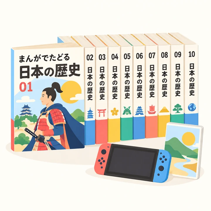 架空の学習まんが「まんがでたどる 日本の歴史」のシリーズ全巻セットとゲーム機・ソフトのイラスト