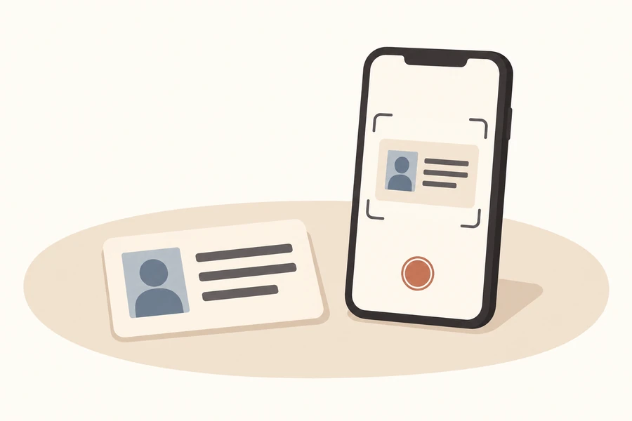 テーブルに並べた本人確認書類とスマートフォンのイラスト