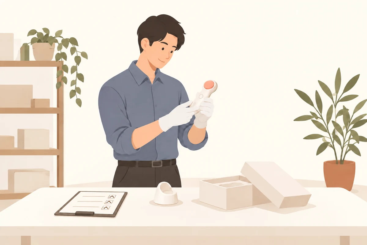 青灰色の服と手袋を着用したスタッフが、白い作業台で美顔器と付属品を検品するイラスト
