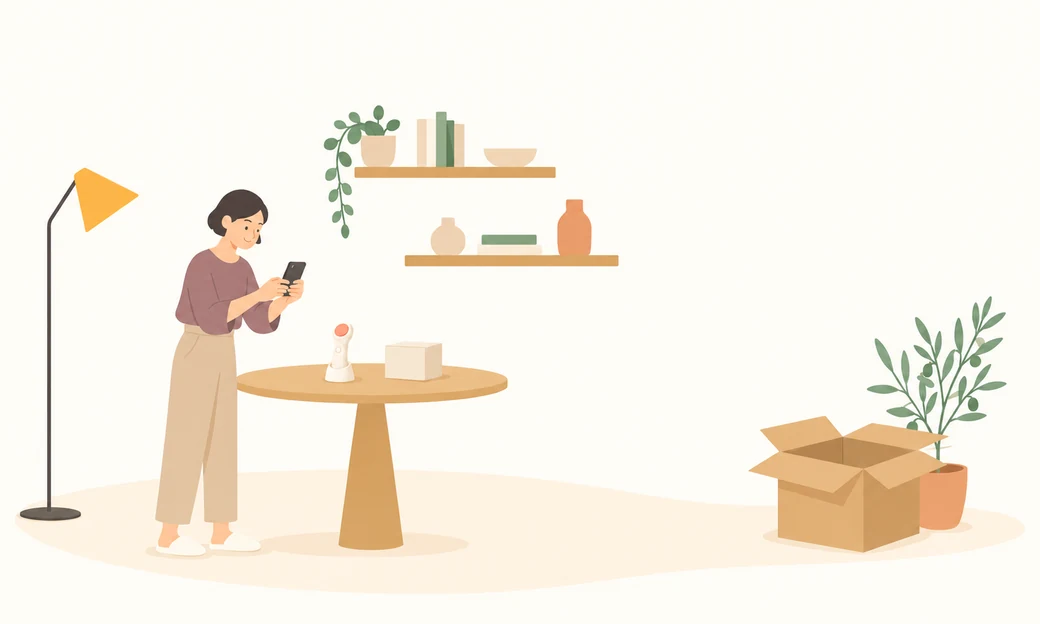 開いた段ボールを用意し、自宅で美顔器をスマートフォンで撮影する女性のイラスト